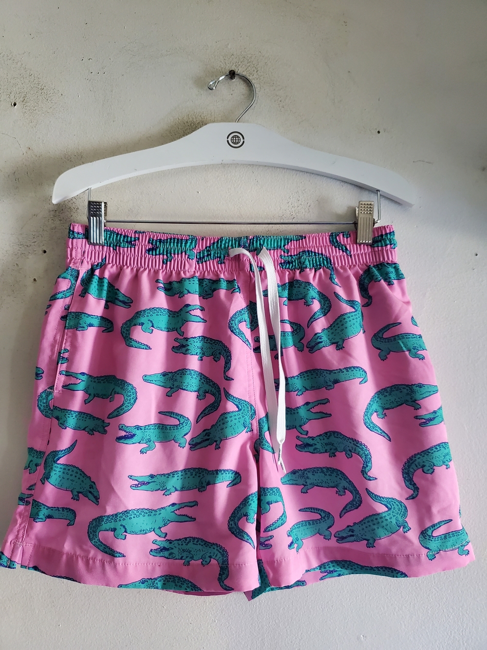 chubbies Pink and Teal Swim Trunks Alligator Print.